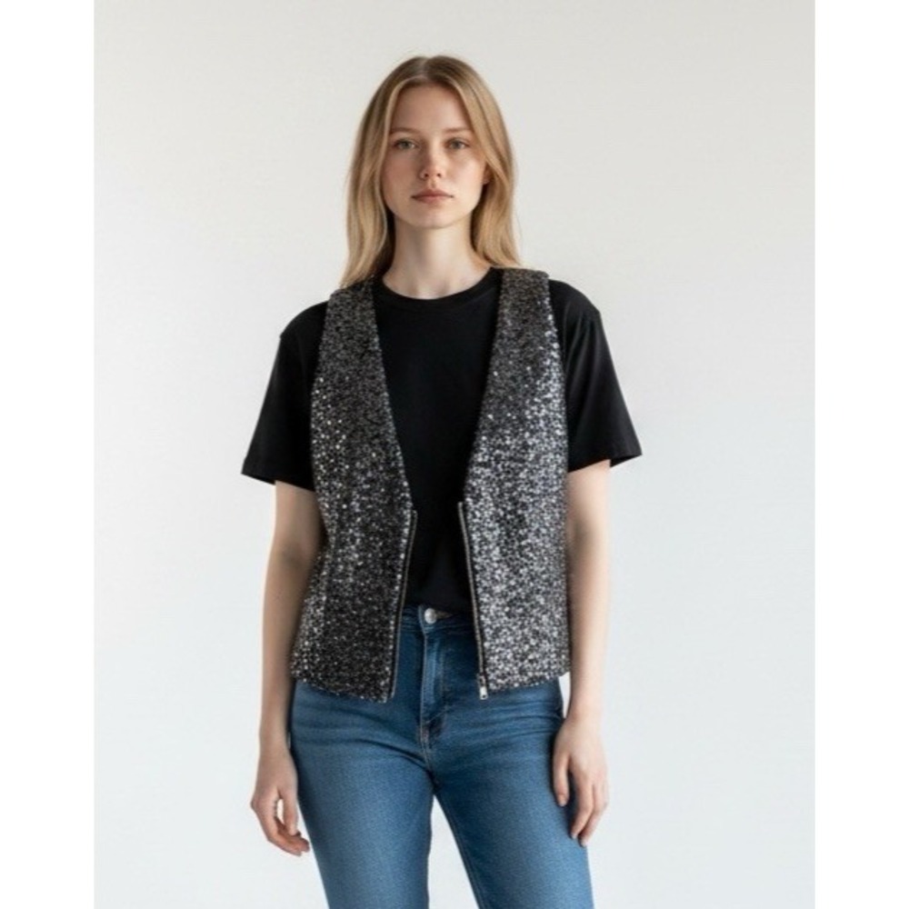 Territory Ahead Women's M Zip Wool Bld Sequin Vest Waistcoat Gray EUC Sparkle